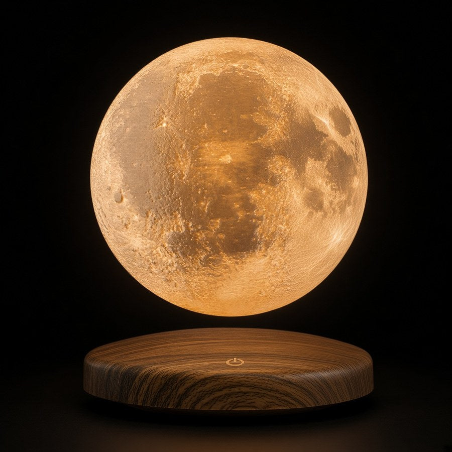 LunaFloat™ Magnetic Levitating 3D Moon Lamp — 2700K Warm Gold on Dark Walnut Base