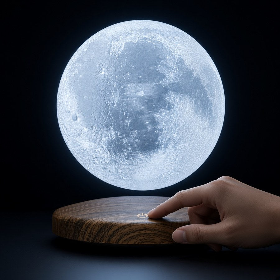 LunaFloat™ Magnetic Levitating 3D Moon Lamp — 6000K Lunar Ice White on Dark Walnut Base